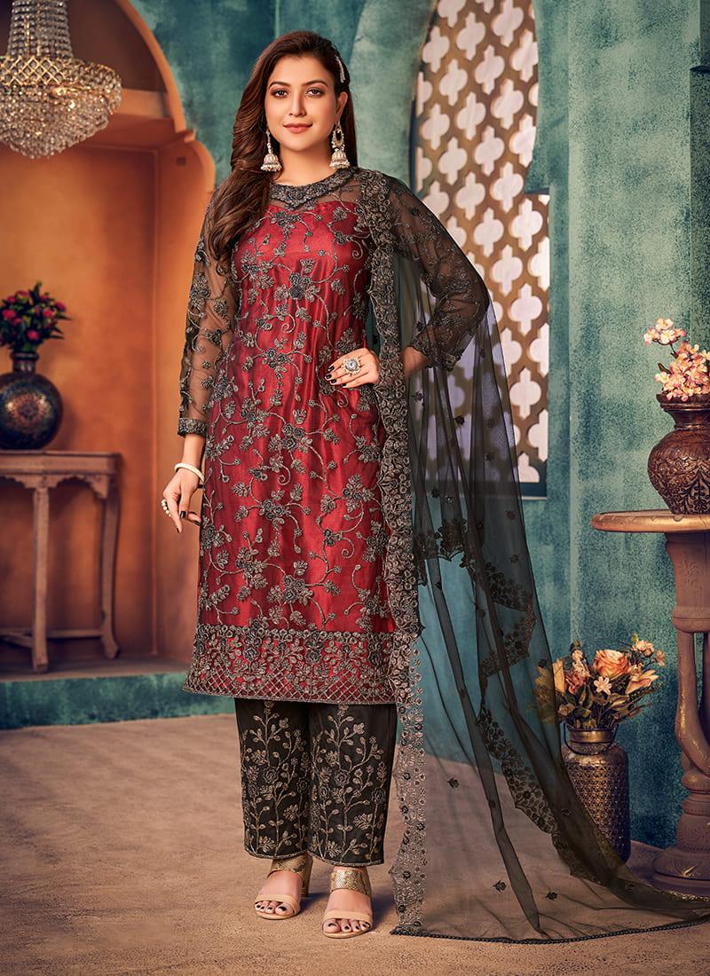 Maroon Net Embroidered Pant Style Suit Best Wholesale Cheap Pice