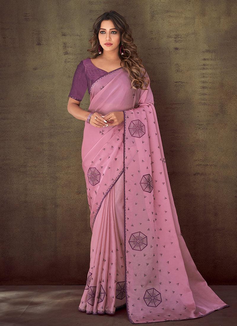 Stone Work Pink Color Classic Saree Sale Authentic