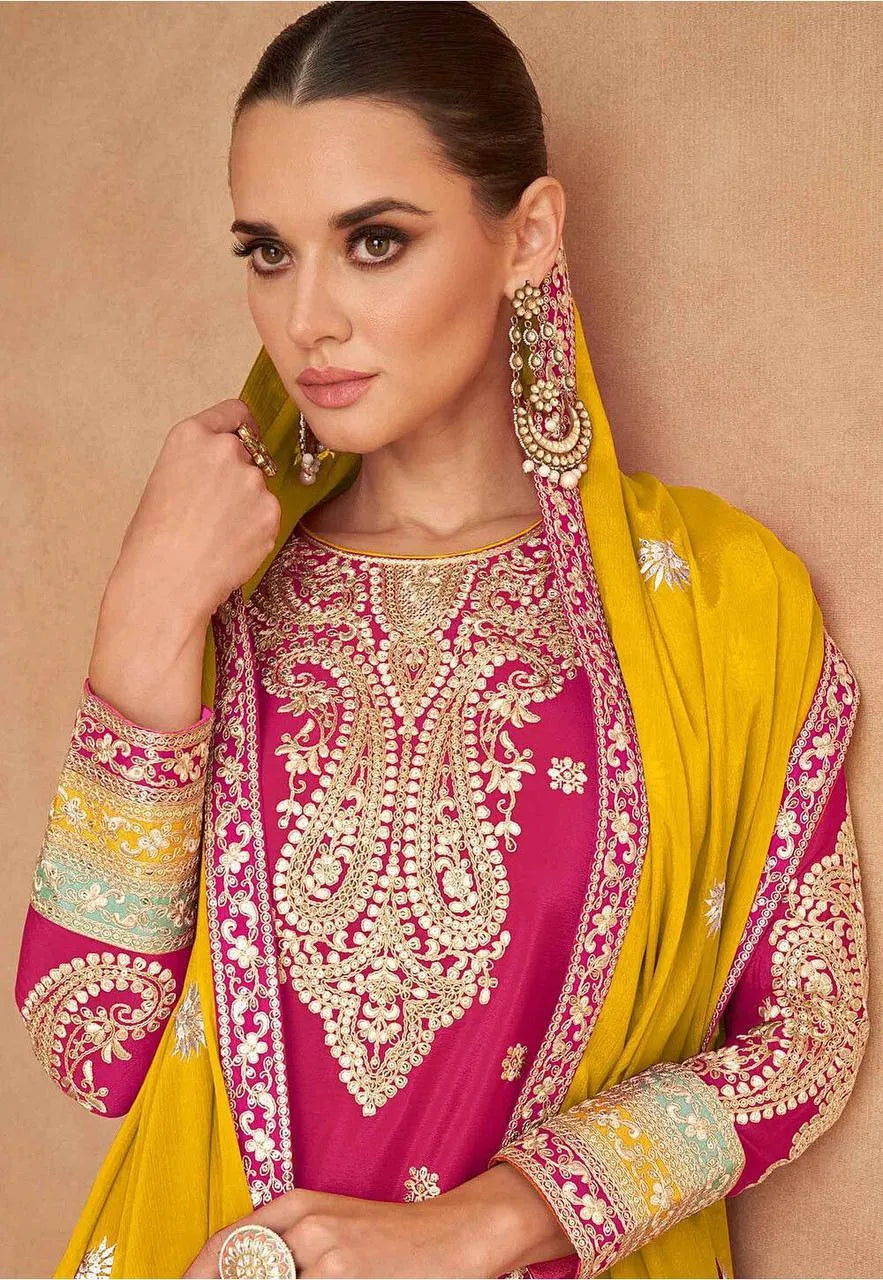 Vibrant Yellow and pink Chinon Embroidered Sharara Shuit Discount Release Dates