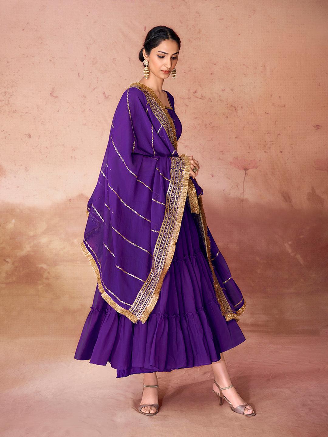 Purple Color Ruffle  Anarkali Gown with Dupatta Deals Online