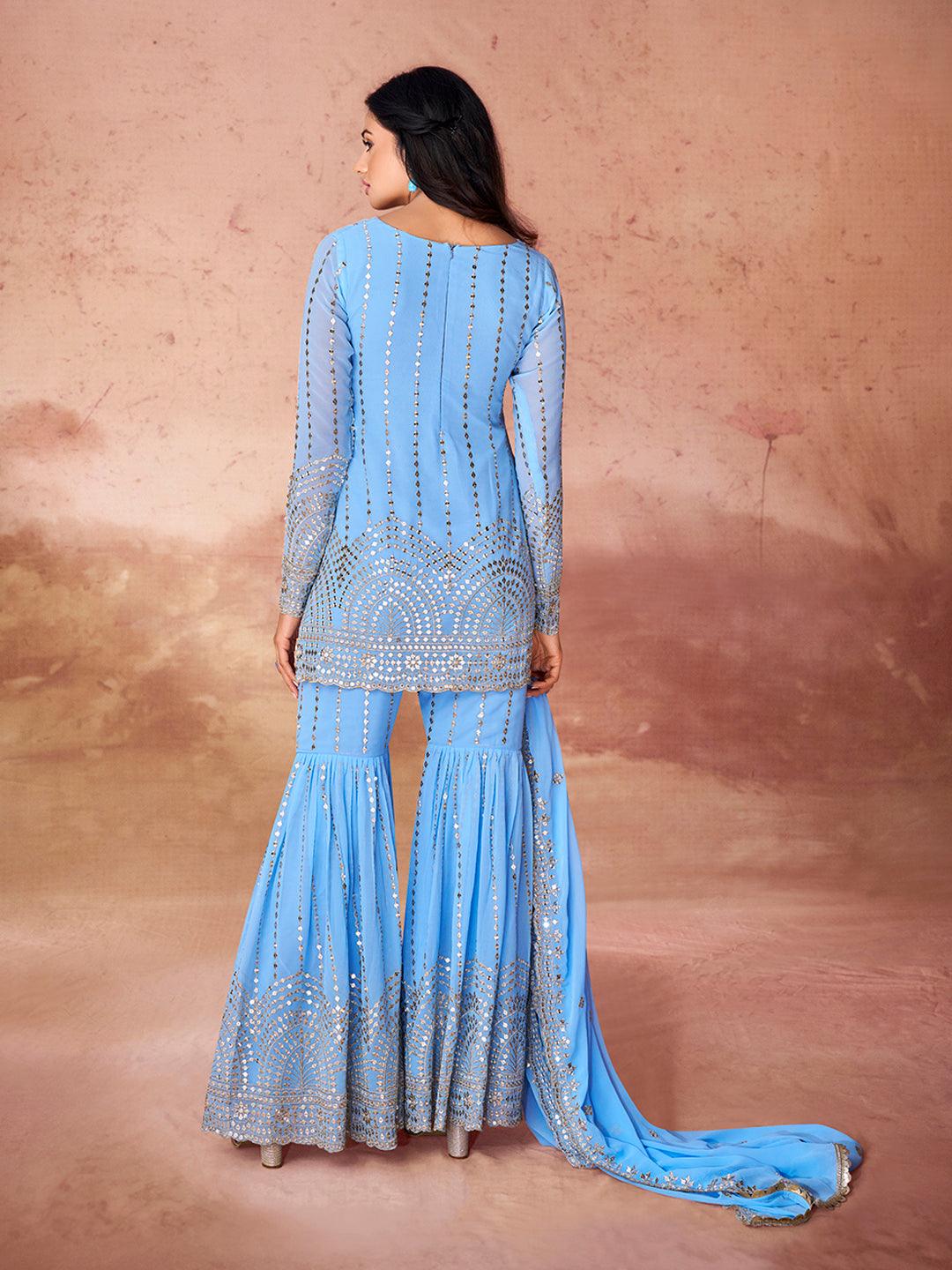 Sky Blue Embroidered Full Sleeve Sharara Suit With Credit Card