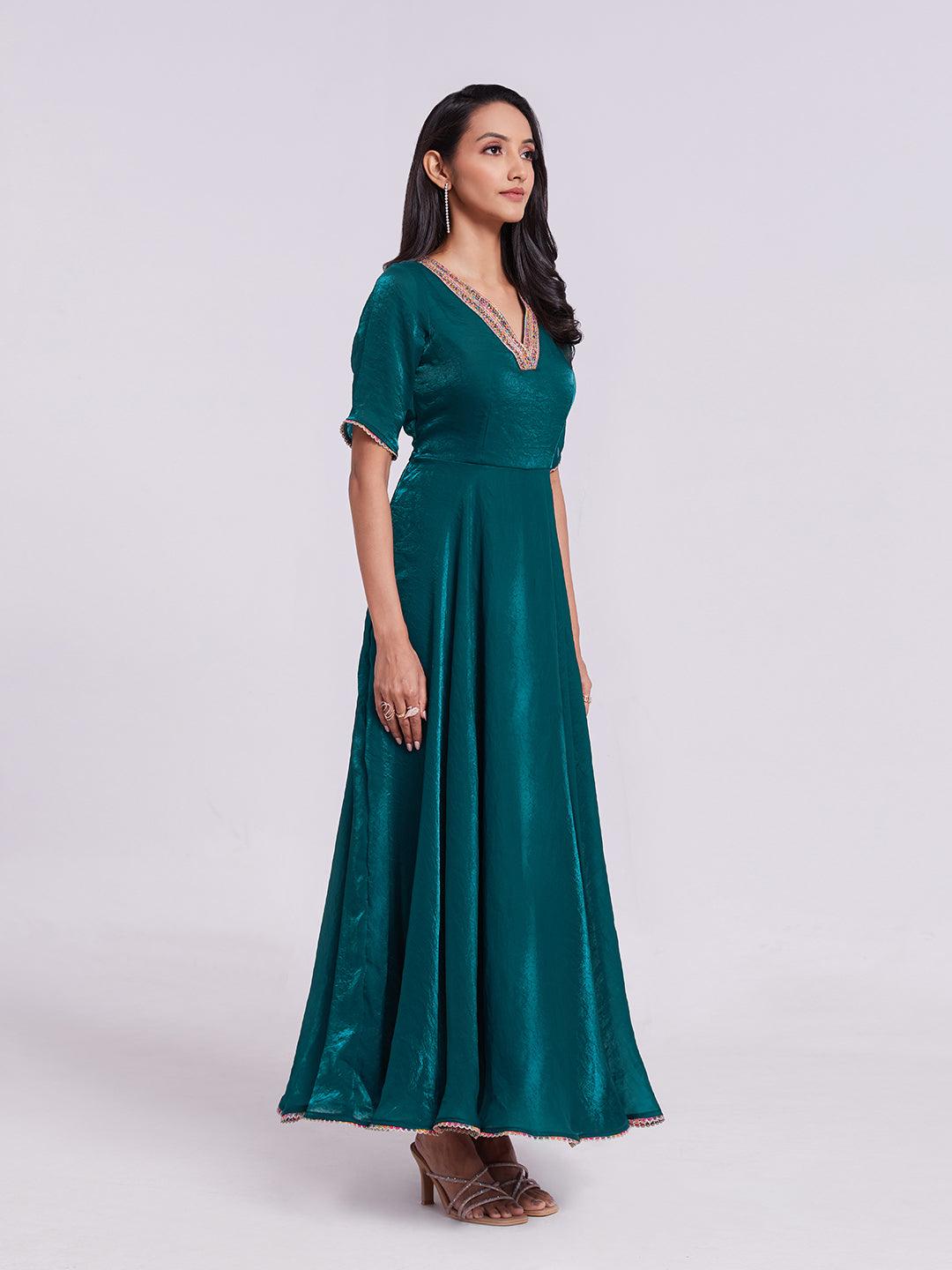 Teal organza Ready-to-wear A-line V-neck Gown Cheap Sale Release Dates