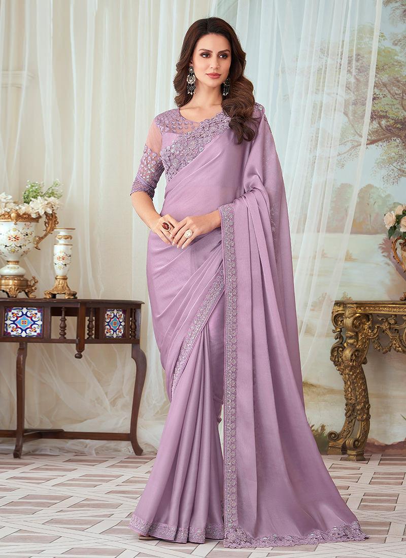 Light Purple Embroidered Silk Saree Outlet New