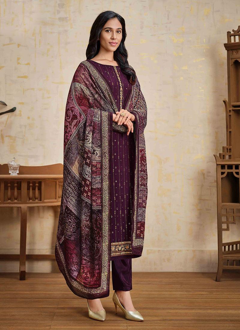 Wine Color Chinnon Base Swarovski Work Salwar Suit With Dupatta Reliable Sale Online