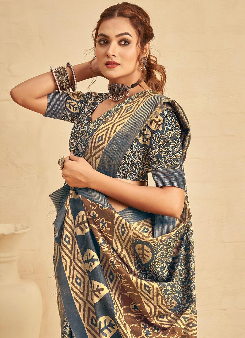 Silk With Digital Print Blue Saree Outlet Genuine