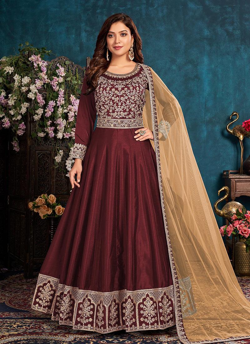 Maroon Color Art Silk Base Dori Work Gown With Net Dupatta Low Cost Online