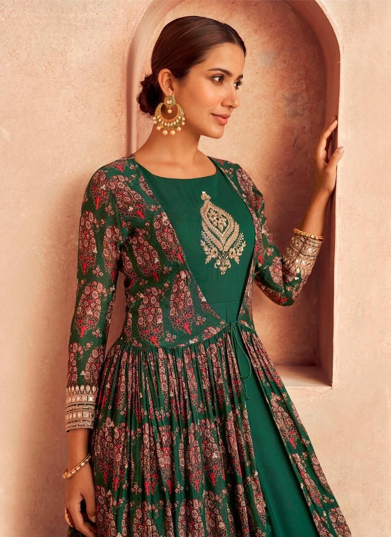 Green Gown With Georgette Printed Jacket Free Shipping Real