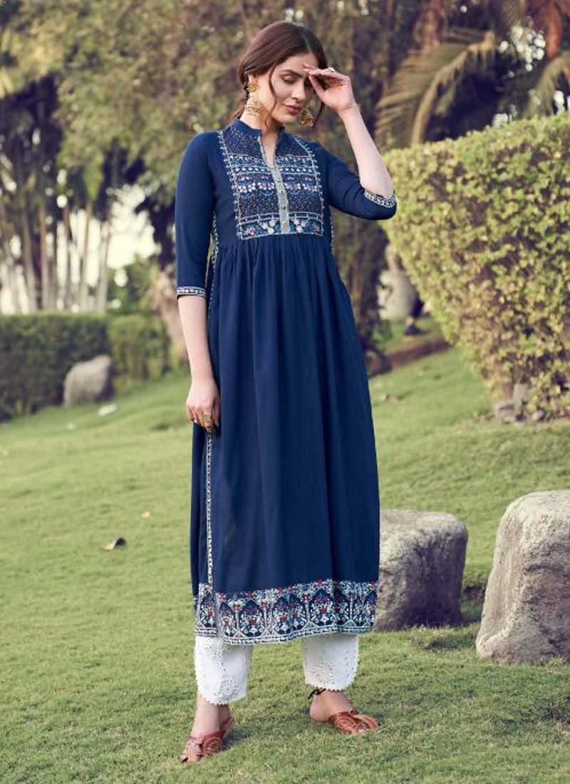 Thread Work Art Silk Base Navy Blue Color Lucknowi Style Salwar Suit Discount Authentic Online