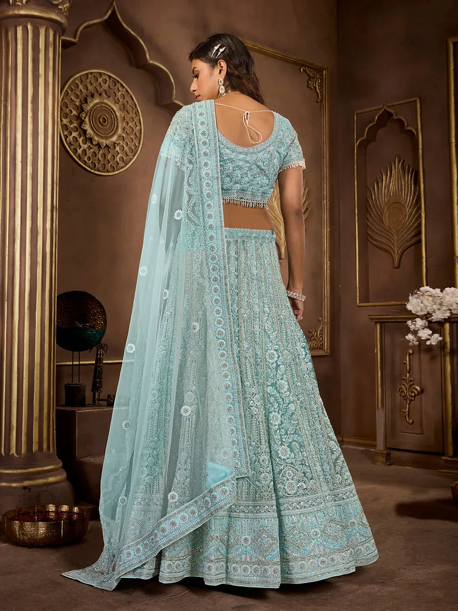 Heartwarming Sky Blue Premium Net Bridal Lehenga Choli Geniue Stockist For Sale