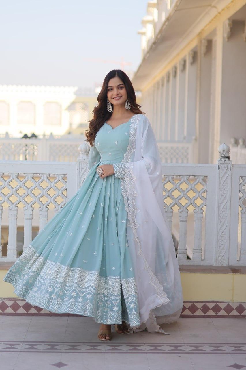 Sky Blue Faux Georgette Thread Sequins Embroidered Gown Cheap Sale Latest Collections