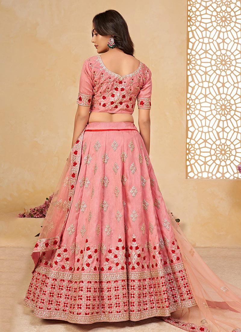 Embroidered Flared Pink Chaniya Choli For Nice Online