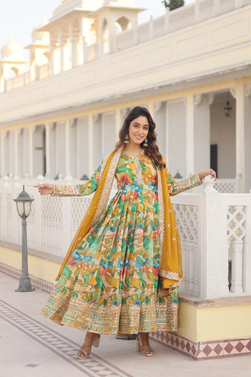 Floral Digital Printed Zari Sequins Worked Gown With Dupatta Good Selling Online