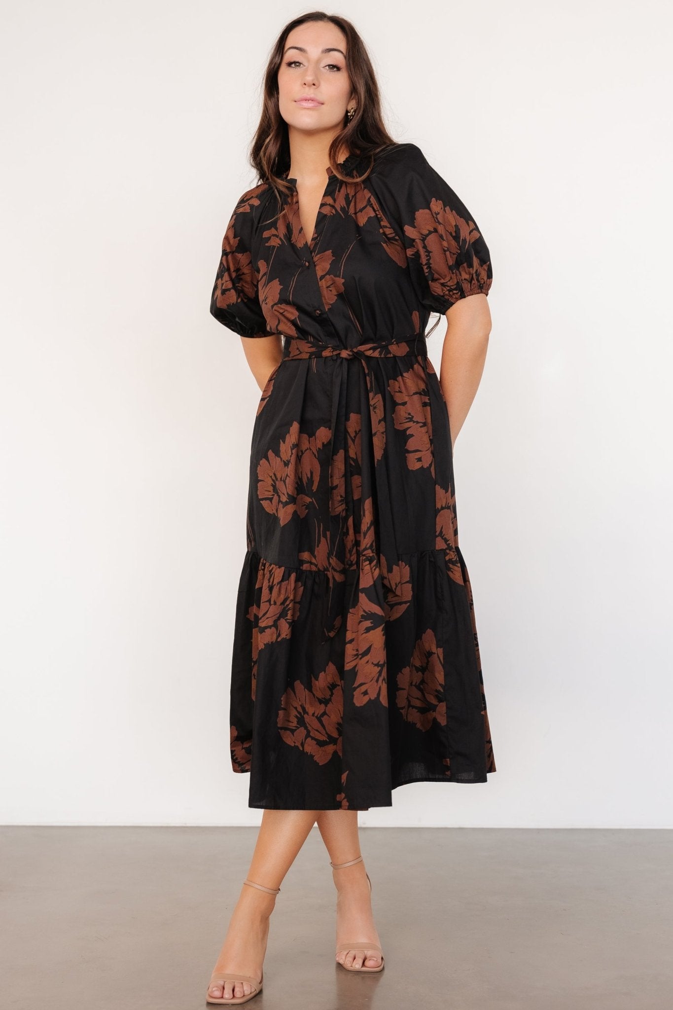 Prescott Midi Dress | Black + Brown Floral For Sale Top Quality