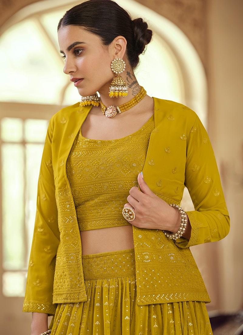 Mustard Yellow Color Sequined Work Georgette Fabric Lehenga Choli Buy Cheap Reliable