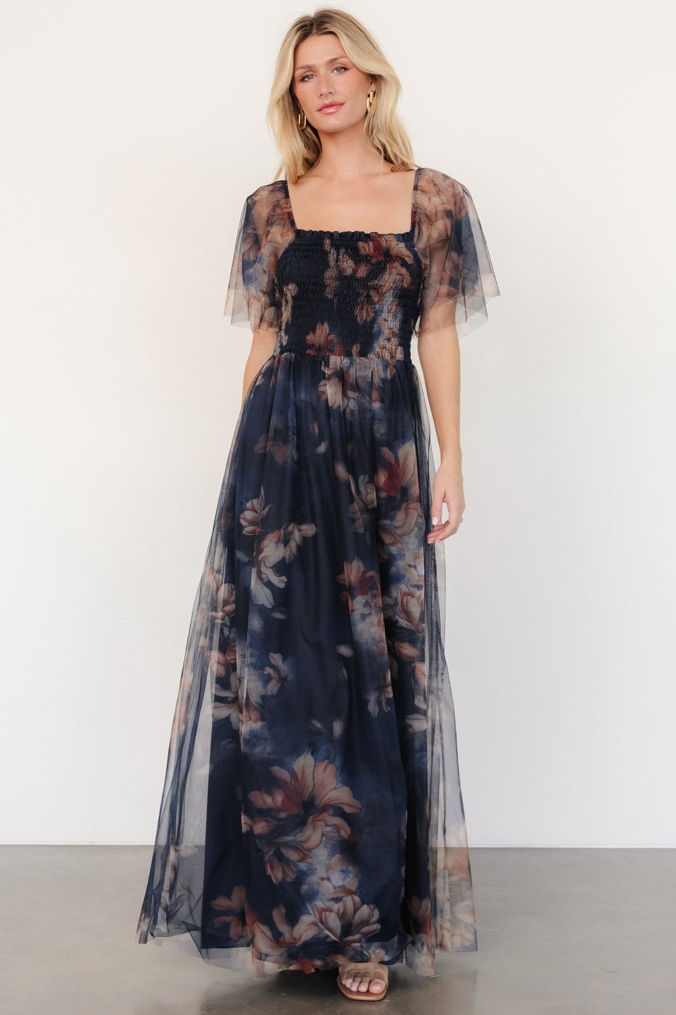 Cassandra Tulle Maxi Dress | Dark Blue Floral Discount Low Cost