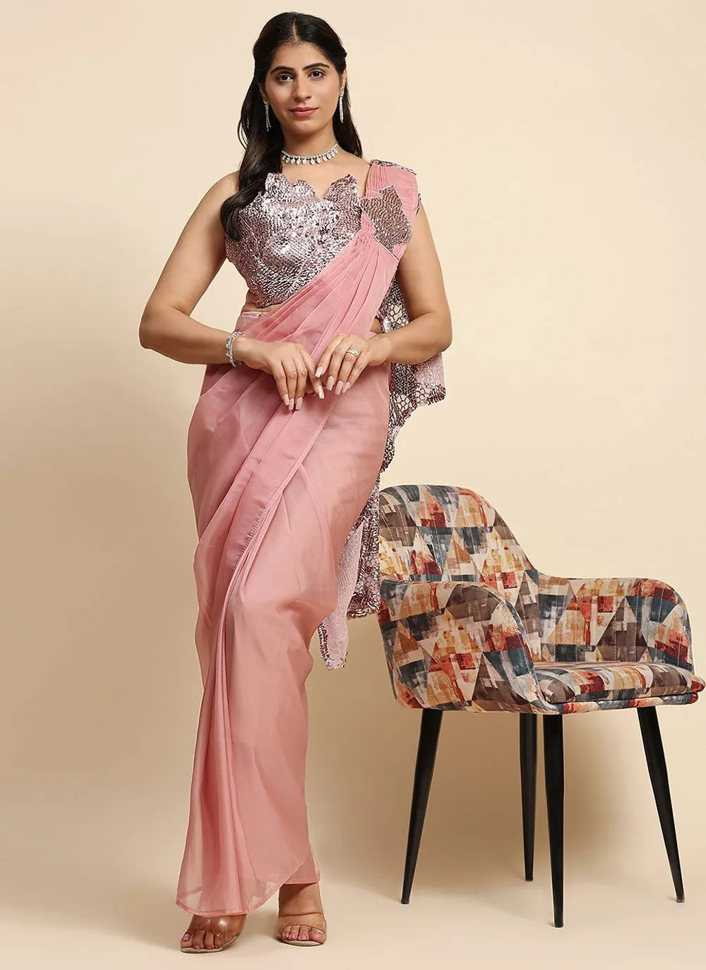 Rose Pink Organza Silk Sequins Embroidered Ready To Wear Saree Discount View