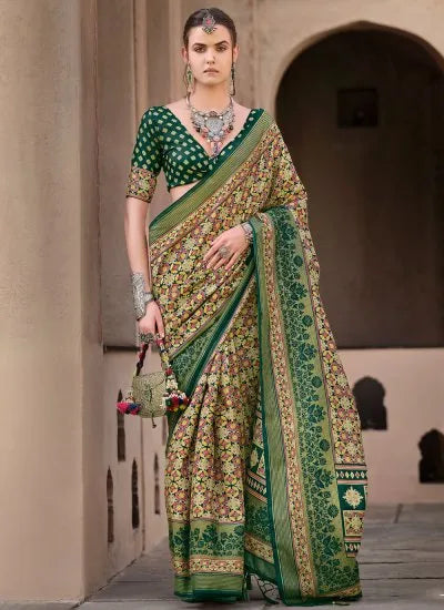 Divine Dark Green Ajrakh Printed Sigma Silk Traditional Saree On Hot Sale