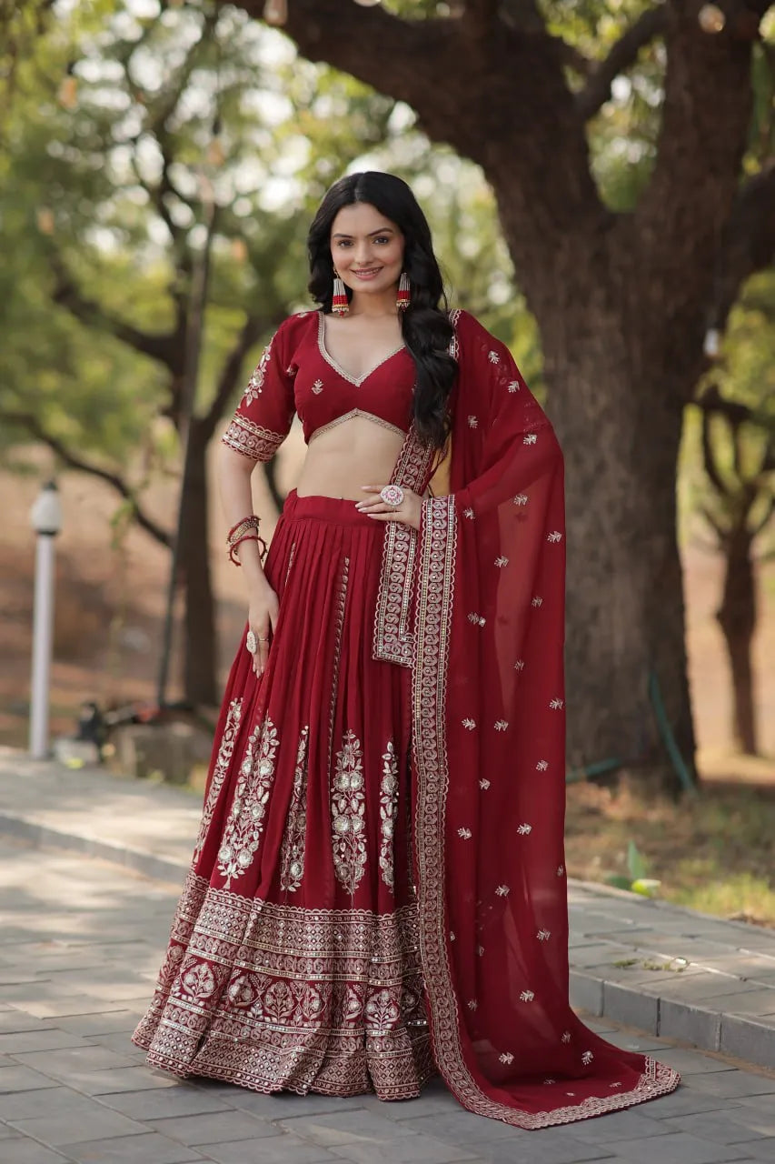 Flawless Fully Flared Maroon Georgette Embroidered Lehenga Choli Marketable Sale Online