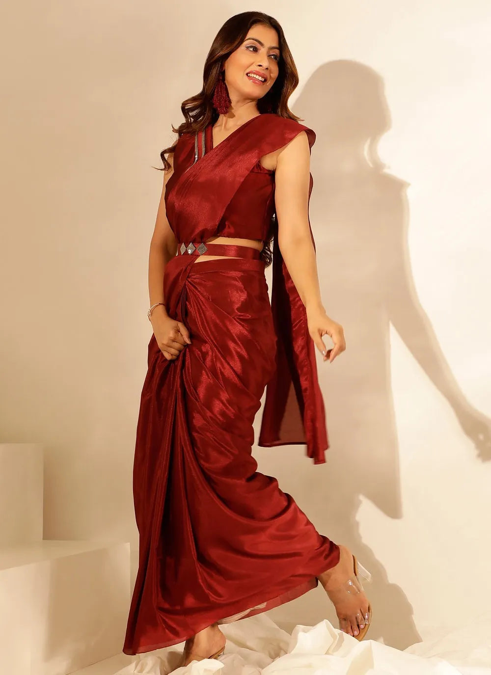 Stylish Red Chinon Saree with Lace Border Detailing Shop For Cheap Online