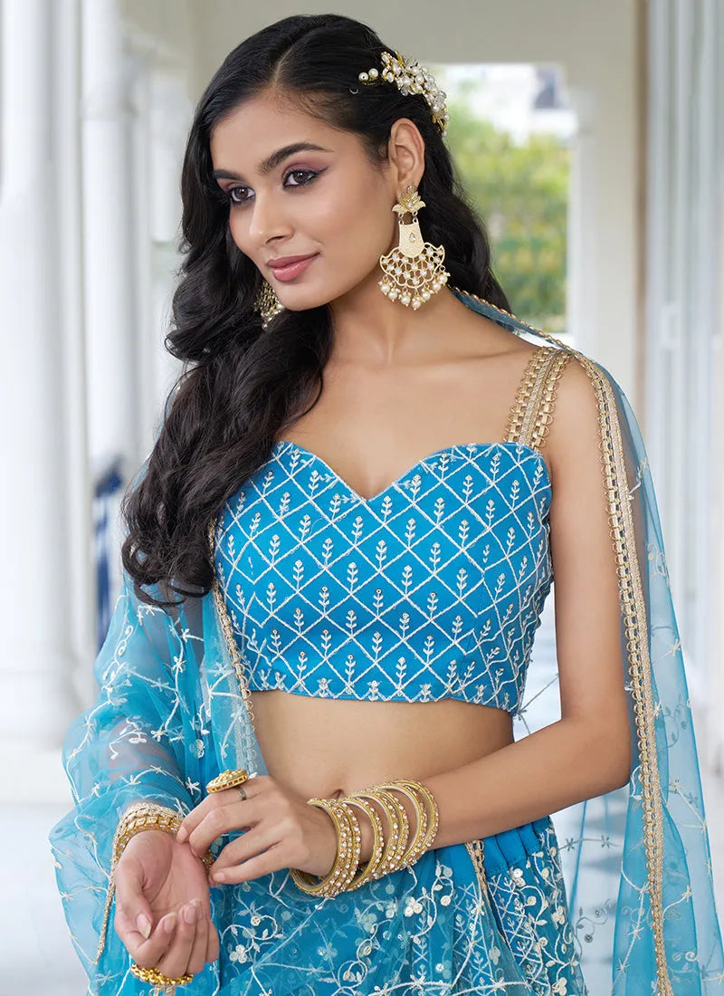 Breathtaking Sky Blue Embroidered Wedding Lehenga Choli Buy Cheap With Credit Card