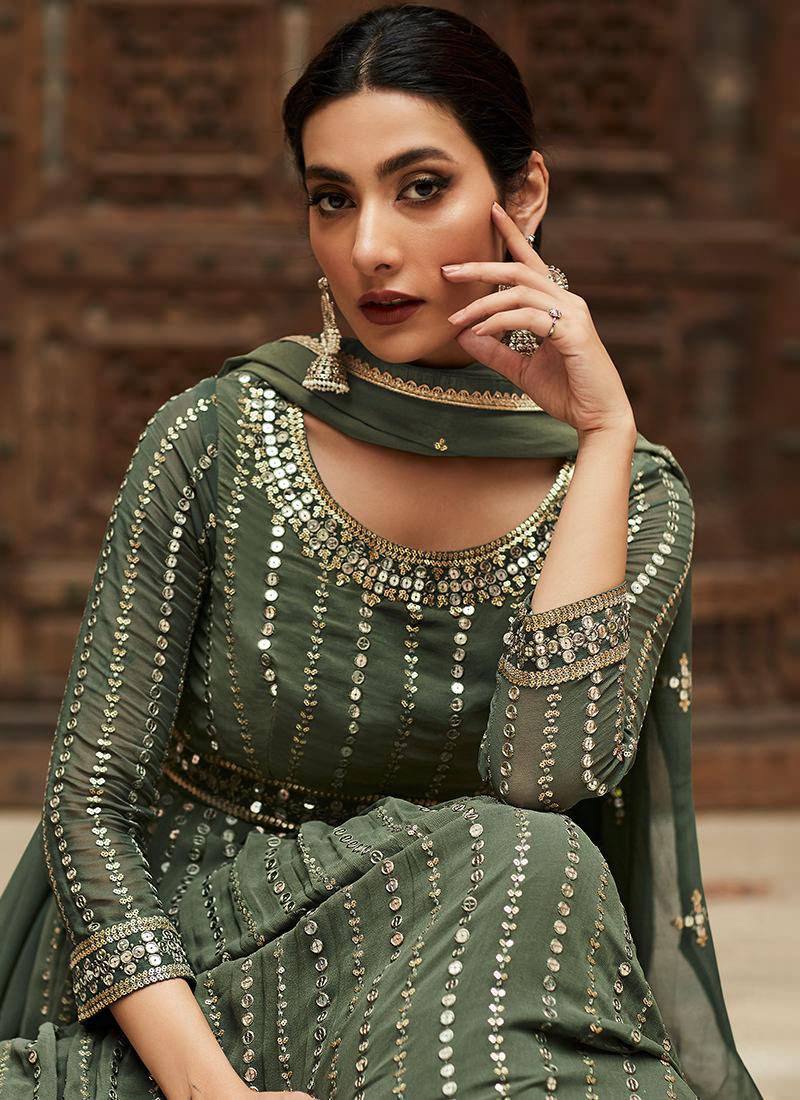 Green Georgette Heavy Sequins Gown Sale Best Pices