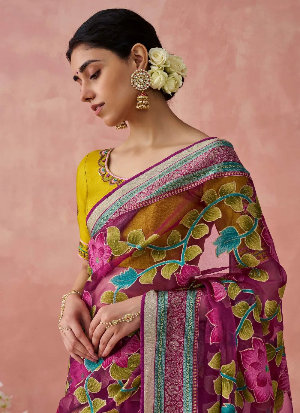 Rose Pink Organza Printed Woven Worked Designer Saree Online Online For Sale