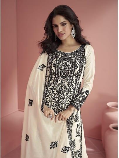 White Silk Embroidered palazzo suit with dupatta 100% Authentic Sale Online