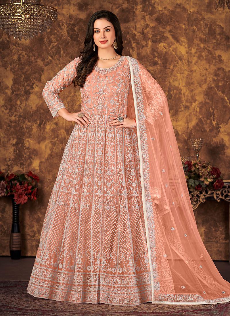 Peach Color Net Base Embroidered Gown Order