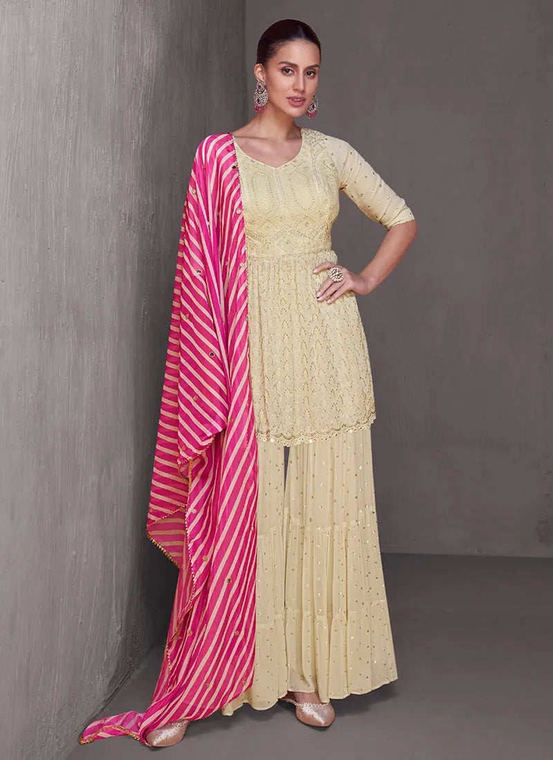 Cream And Pink Lucknowi  Embroidery Sharara Suit Best Store To Get Cheap Online