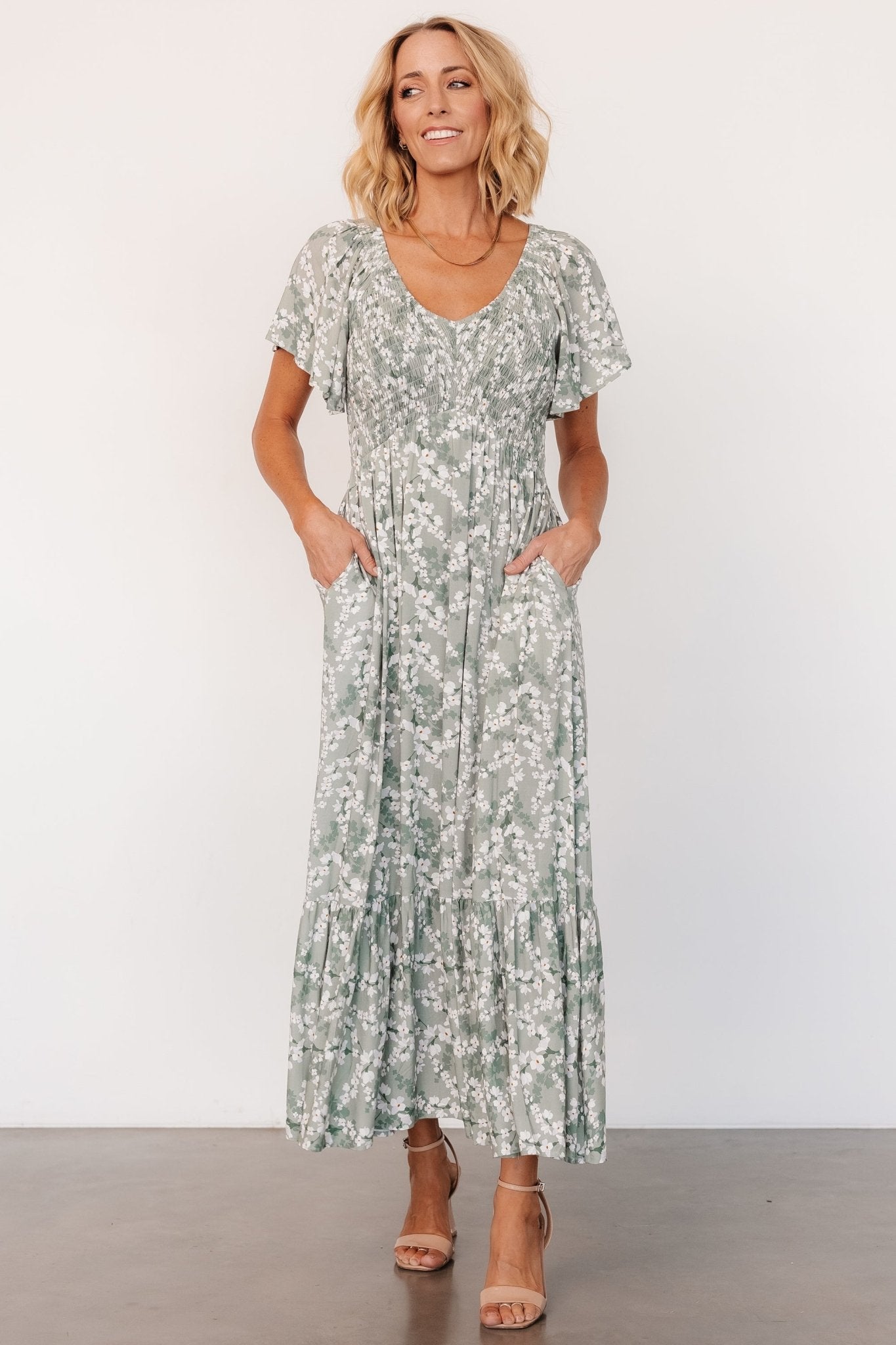 Joanie Smocked Dress | Sage + Off White Floral Clearance With Mastercard