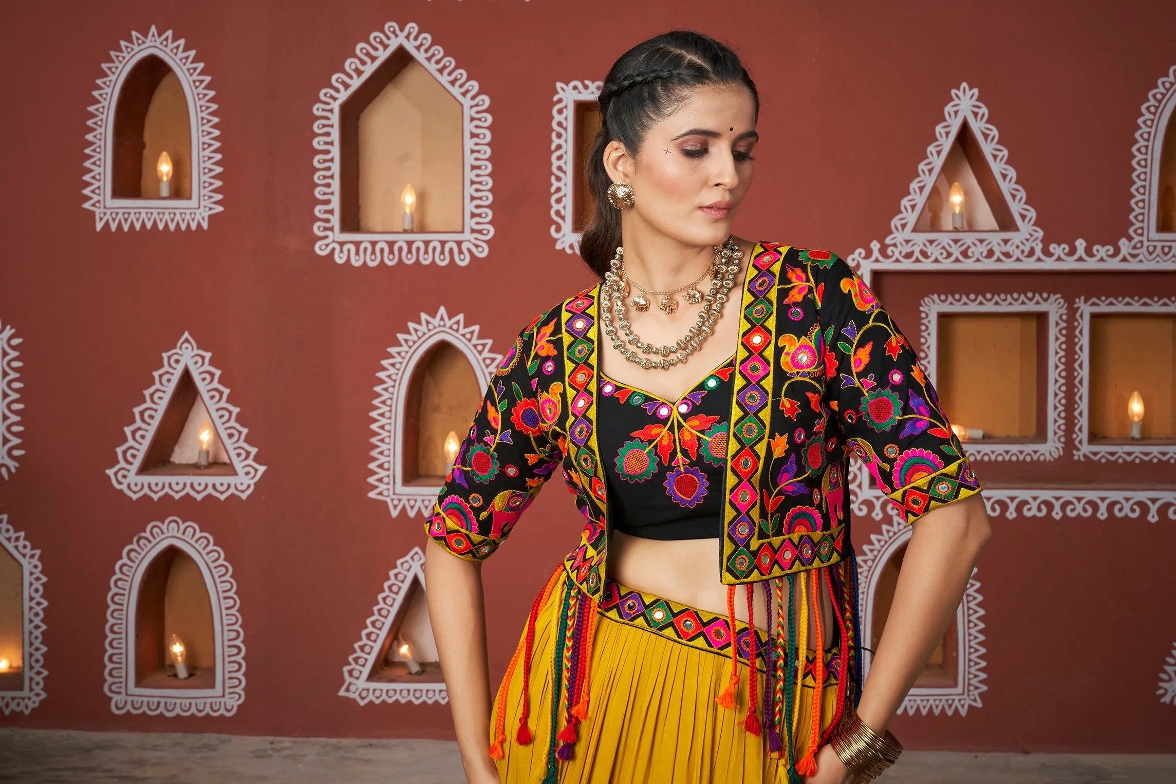 Navratri Wear Multi Colour Embroidered Mirror Worked Jacket Lehenga Set Visit Online