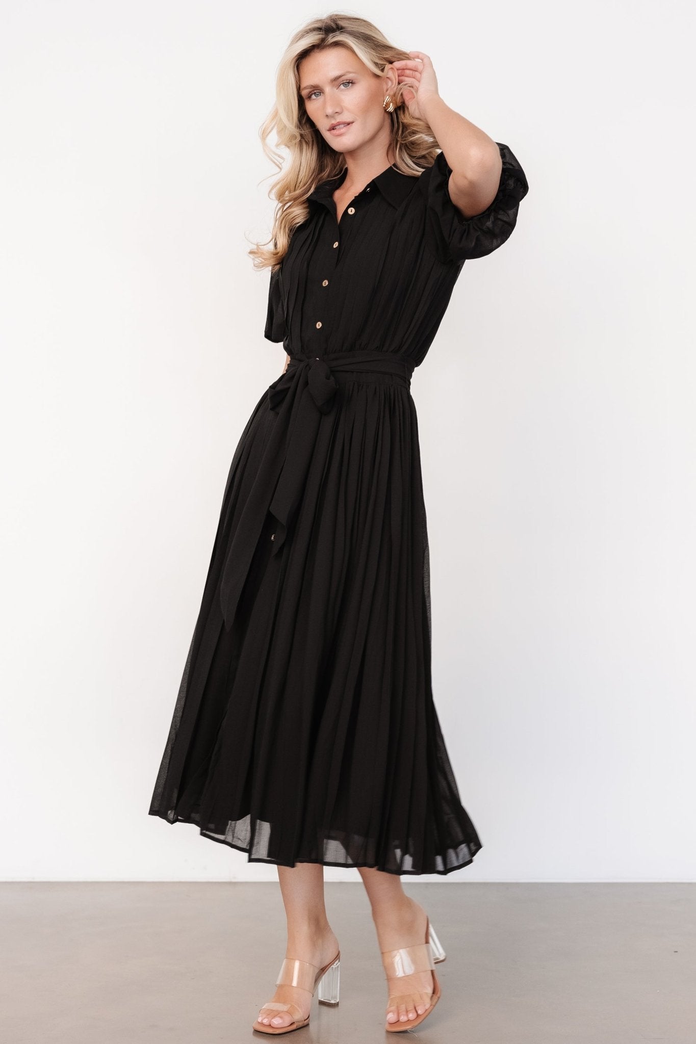 Boston Pleated Button Dress | Black Discounts Cheap Pice