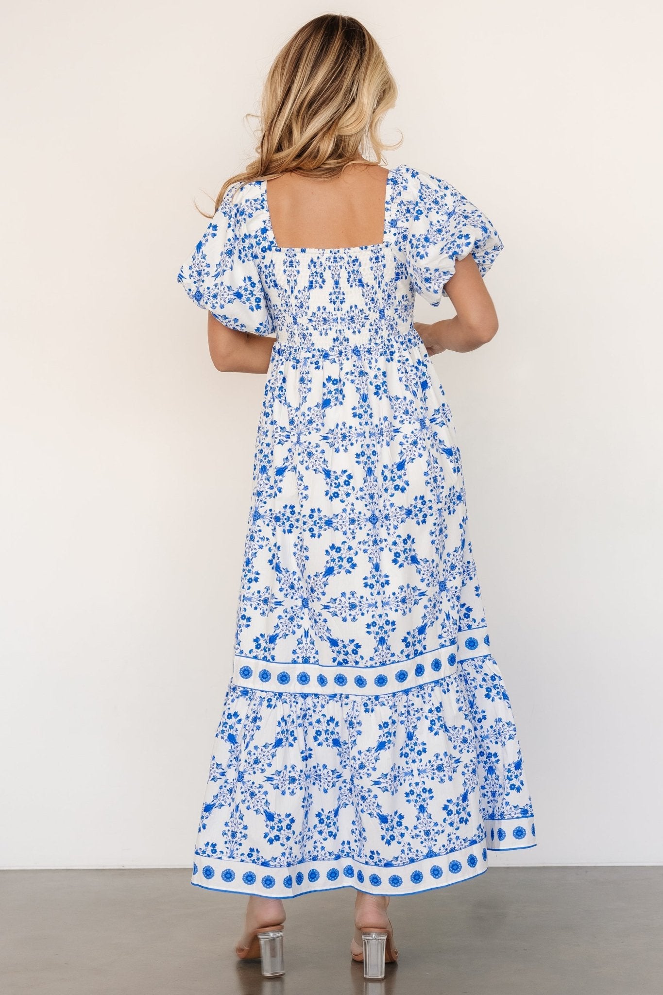 Lexa Smocked Maxi Dress | Off White + Blue Floral Clearance Outlet