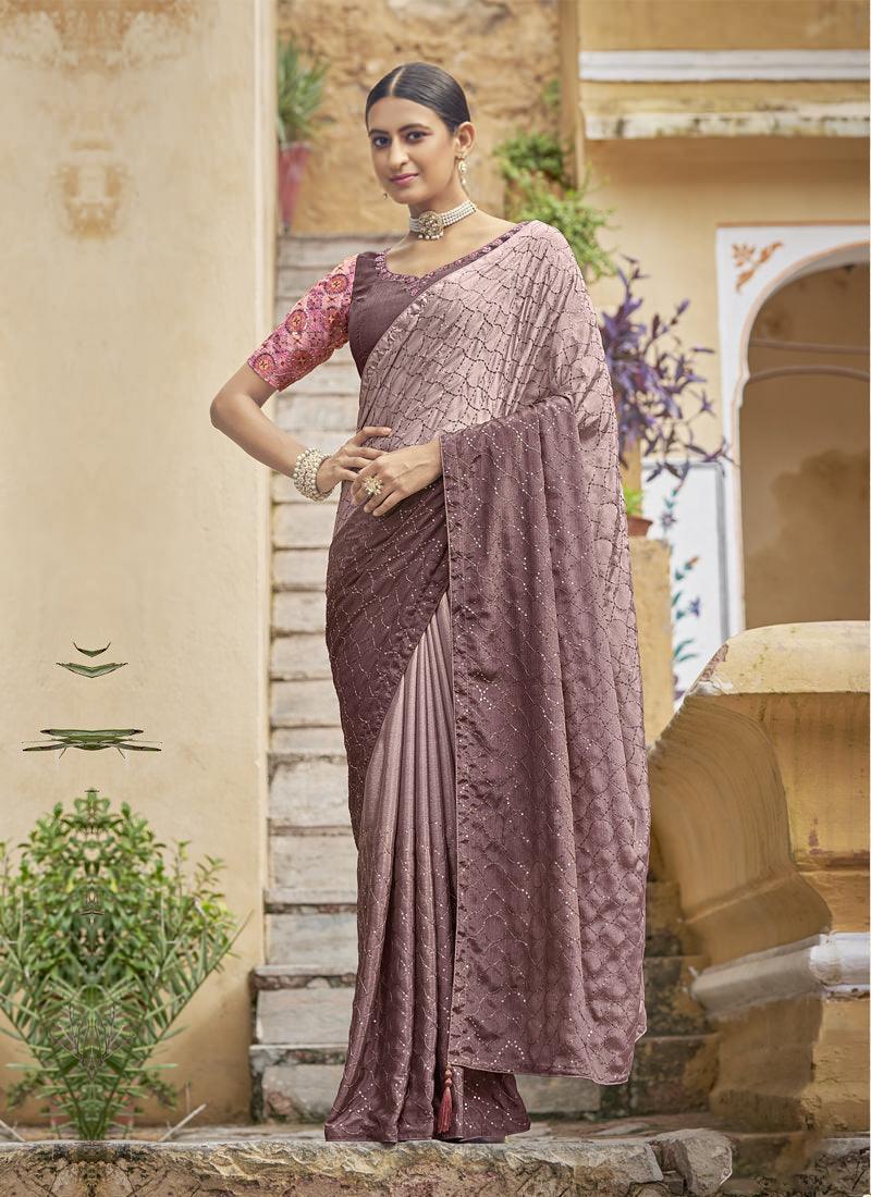 Embroidered Chinon Dusty Pink Saree Free Shipping Big Sale