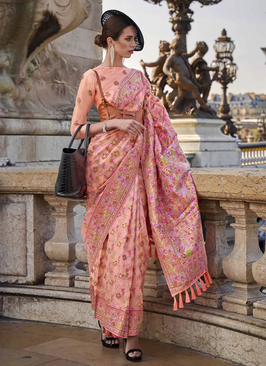 Pleasing Peach Handloom Organza Parsi Weaving saree Clearance Eastbay