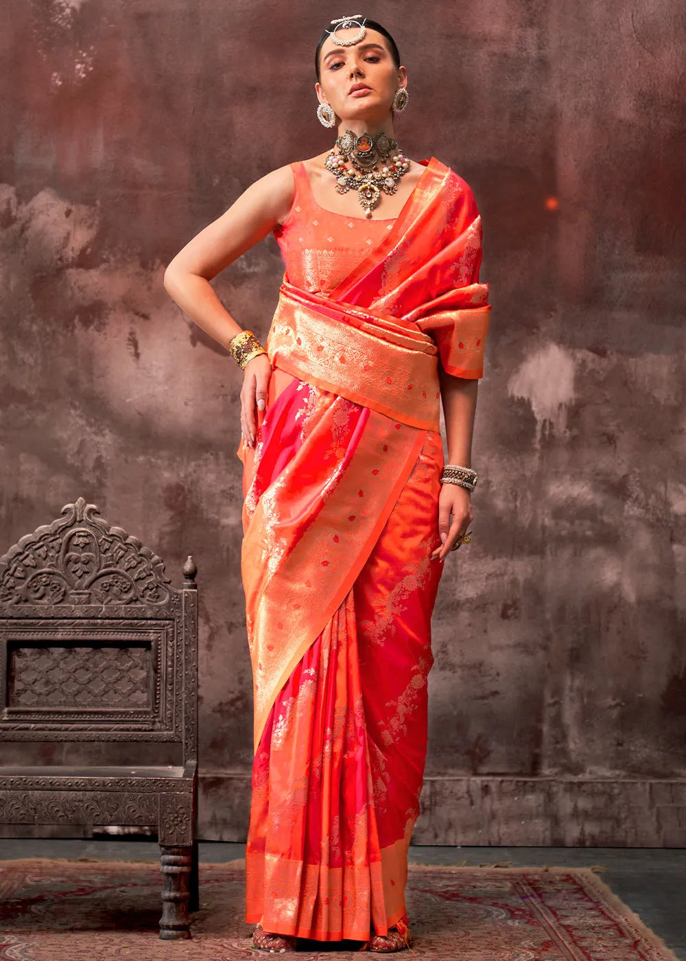 Radiant Orange-Pink Rangkaat Handloom Silk Saree Free Shipping Fashionable