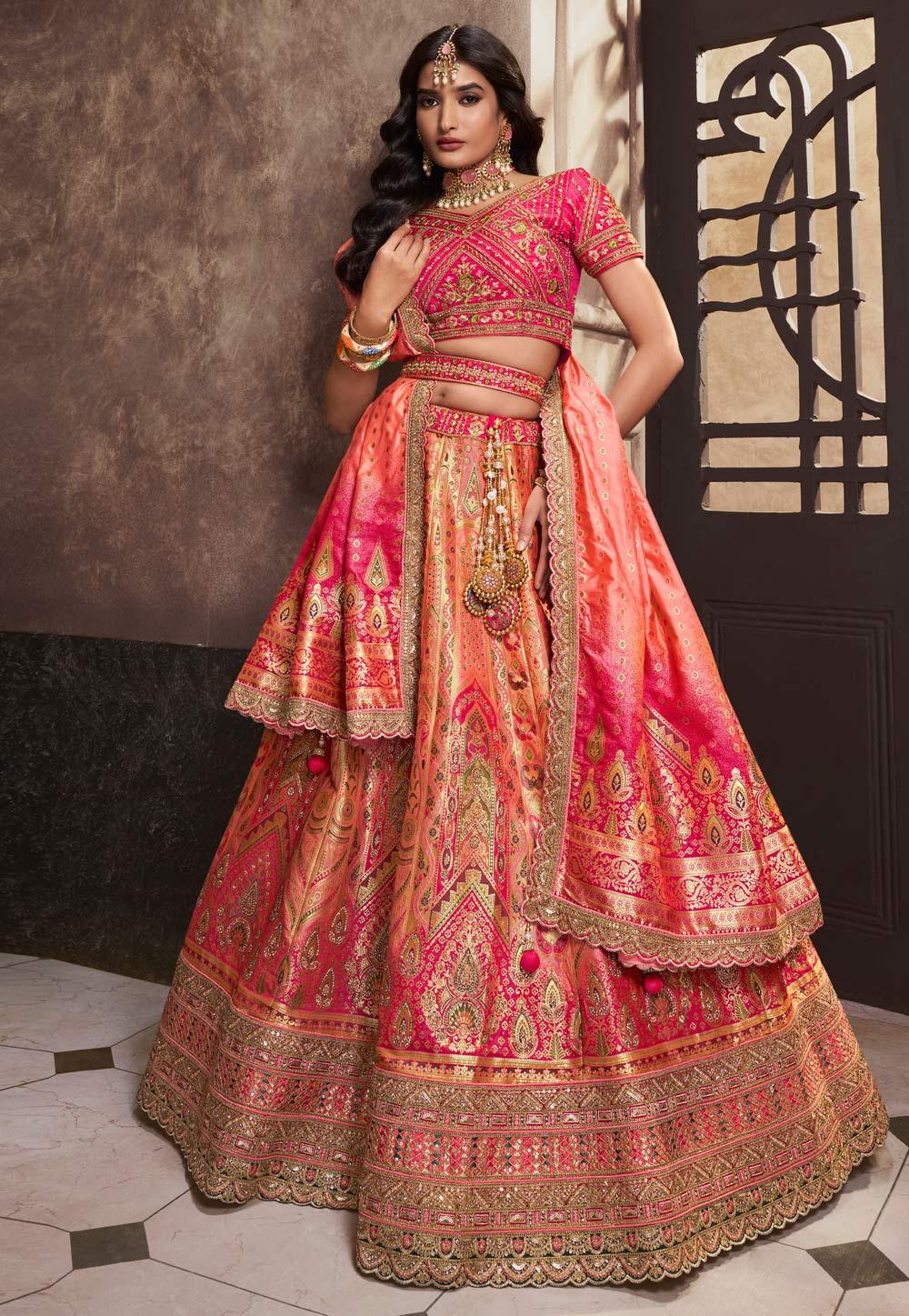 Peach Pink Banarasi Silk Sequins Embroidered Wedding Lehenga Choli Many Kinds Of Online