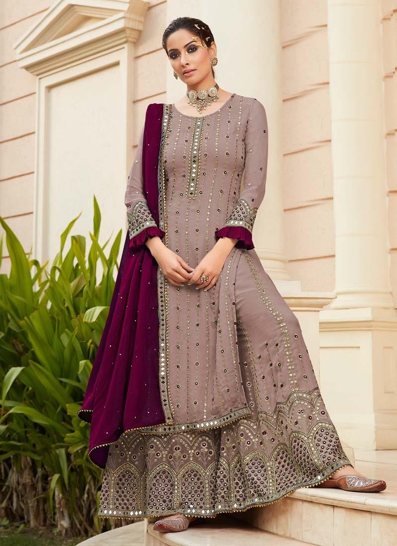 Trendy Pastel Purple Color Georgette Base Real Mirror Base Palazzo Suit Wide Range Of Online