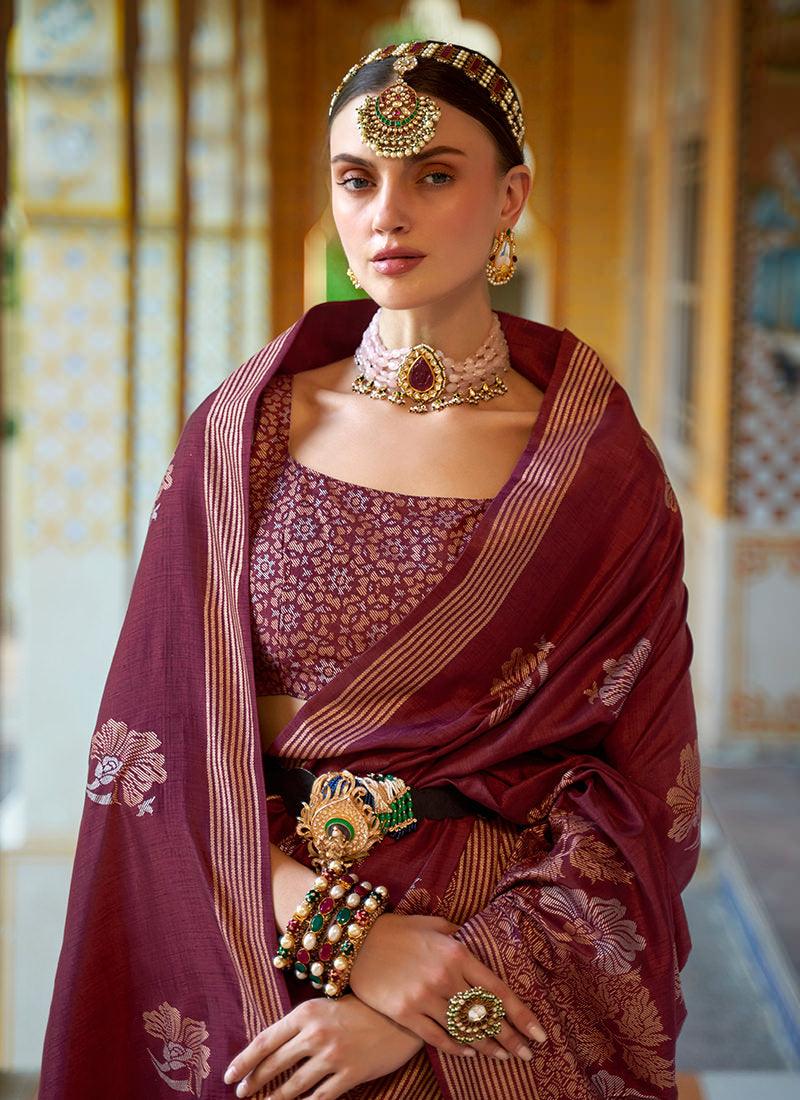 Wine Color Silk Weave Classic Saree For Sale Free Shipping