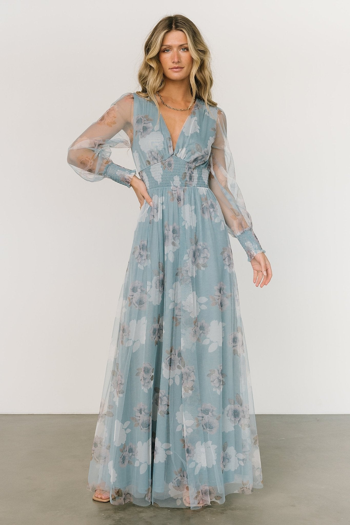 Layla Tulle Maxi Dress | Light Blue Floral Fashionable Online