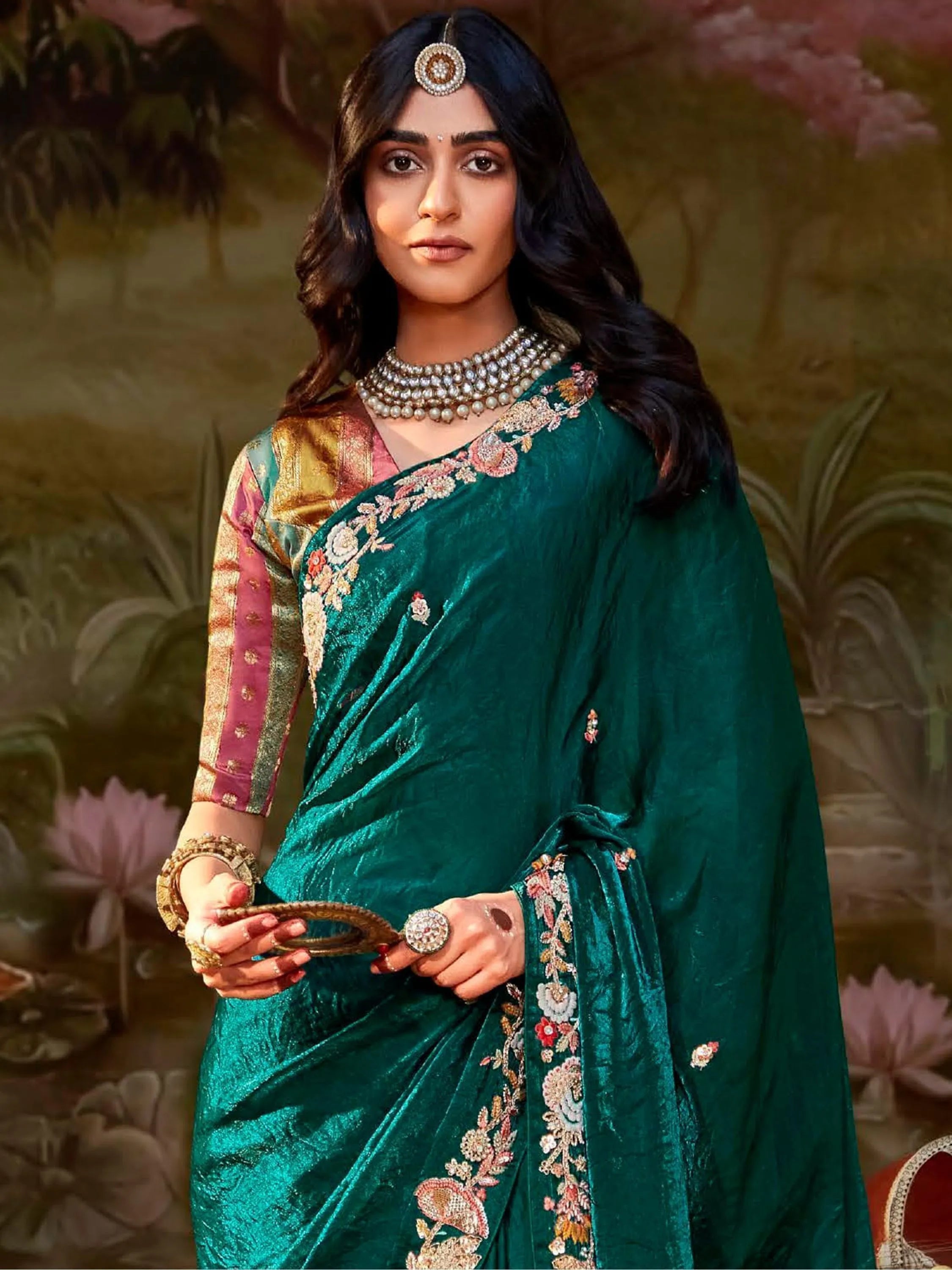 Teal Green Pure Organza Festive Wear Designer Saree With Blouse Clearance Recommend