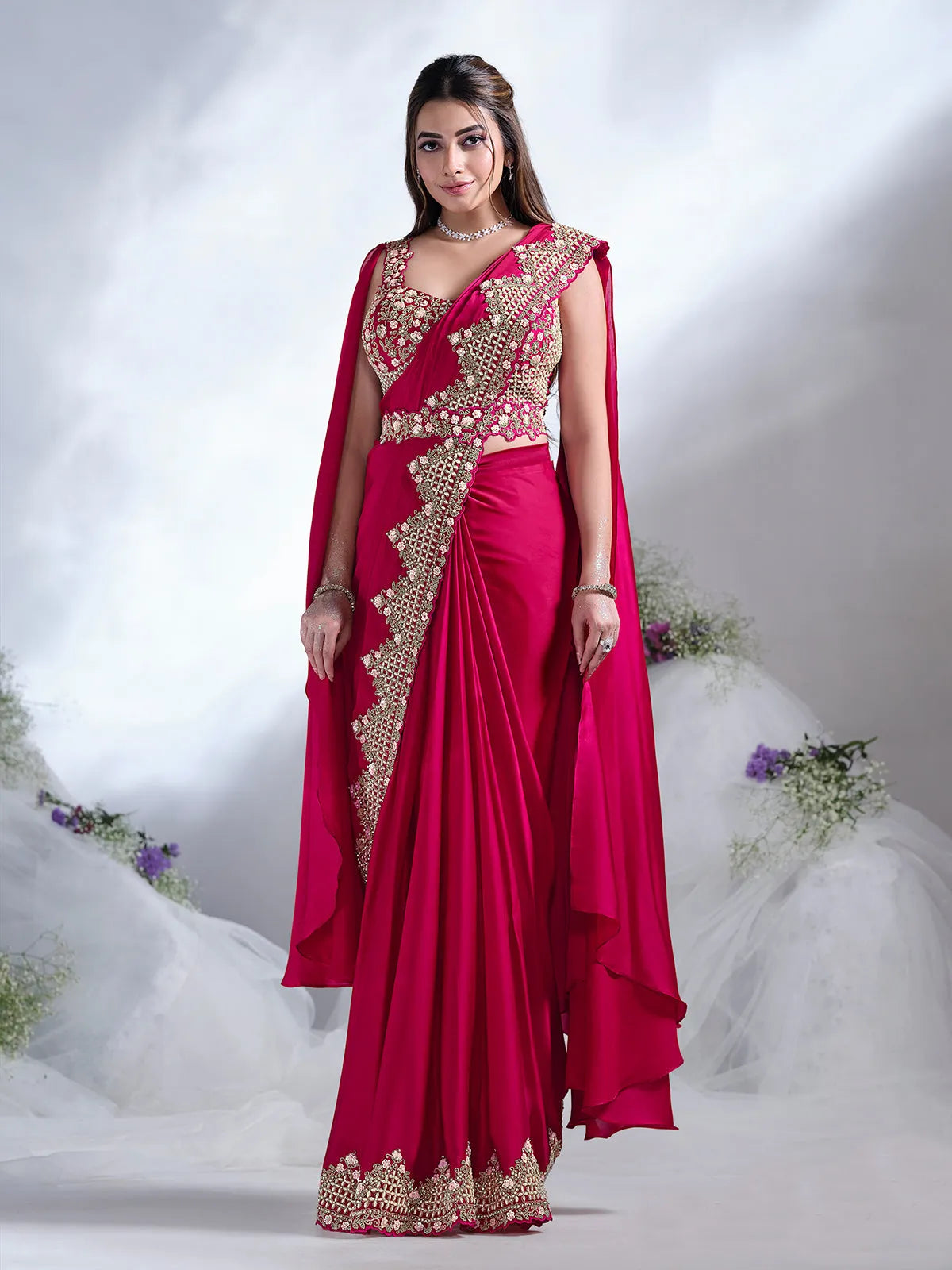 Designer Red Ready To Wear Crepe Satin Silk Saree Discount Wholesale