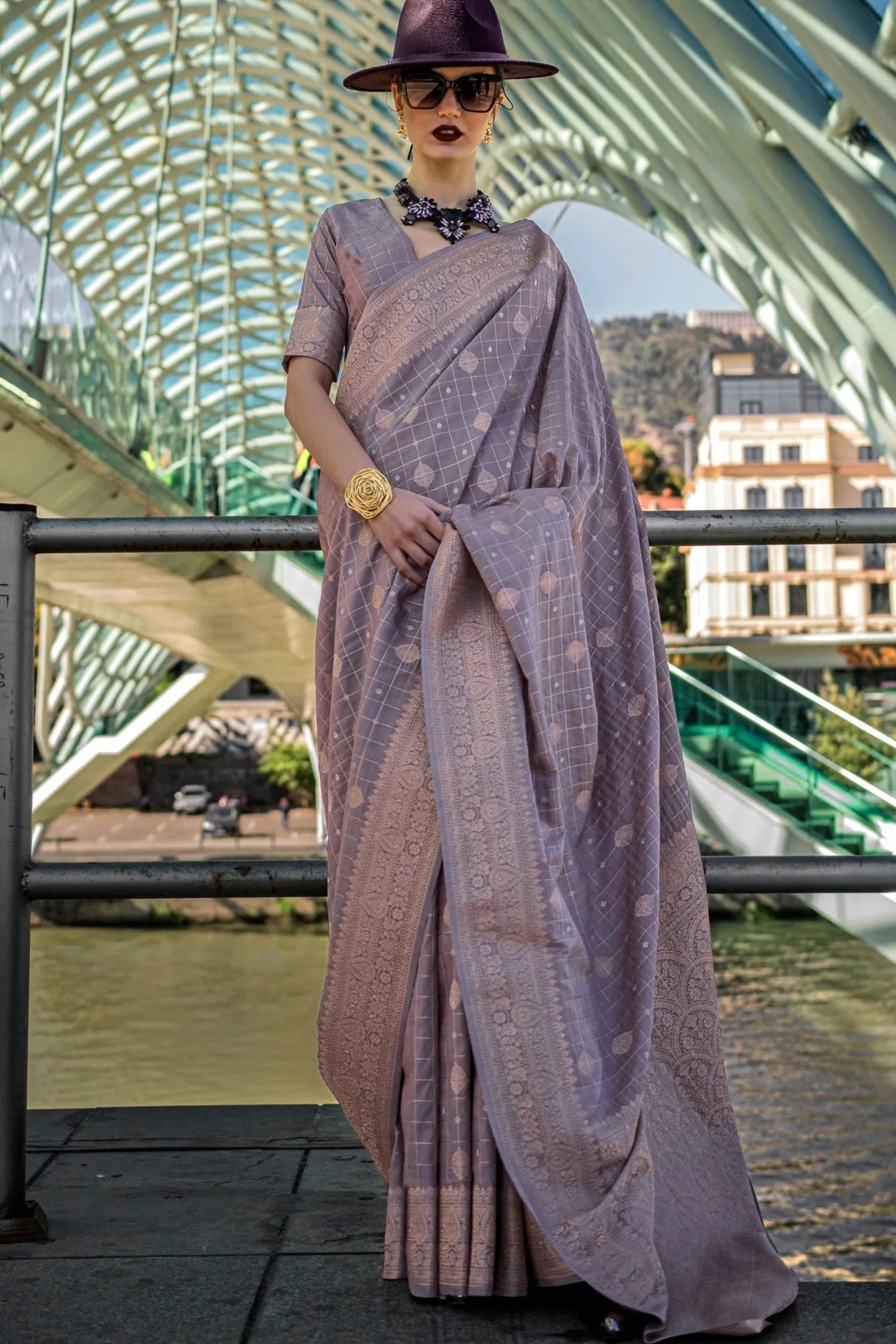 Purply Gray Katan Silk Weaving Worked Designer Saree Sast Cheap Pice