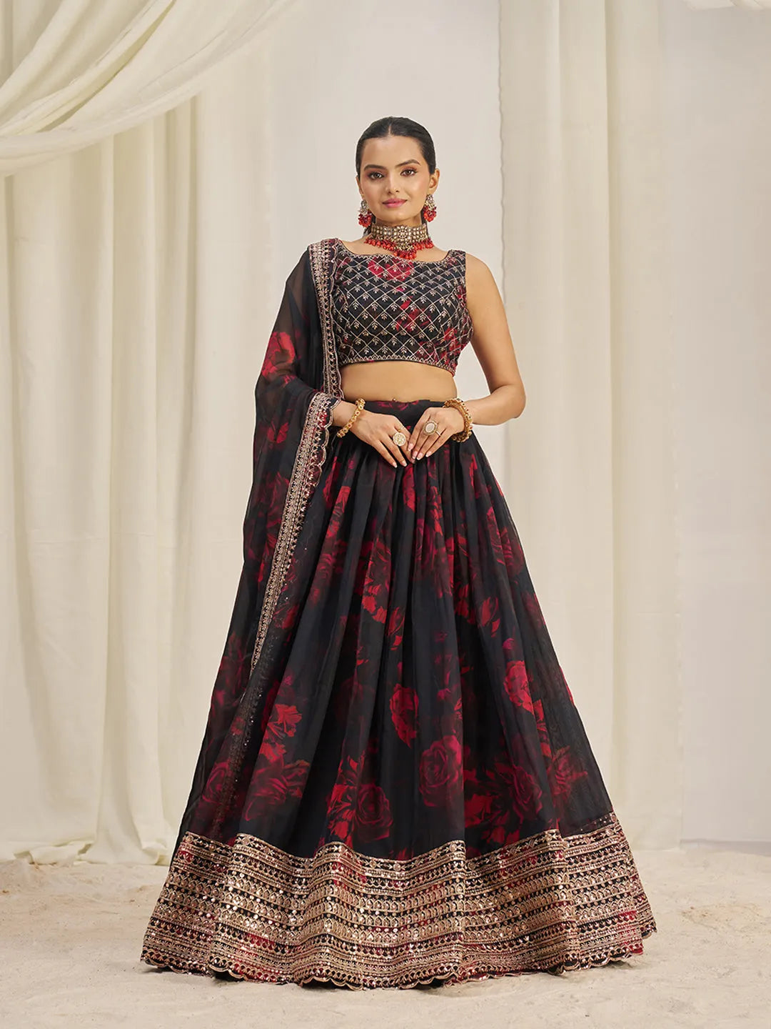 Black Organza Zari Dori Sequins Floral Lehenga Choli Set Grey Outlet Store Online