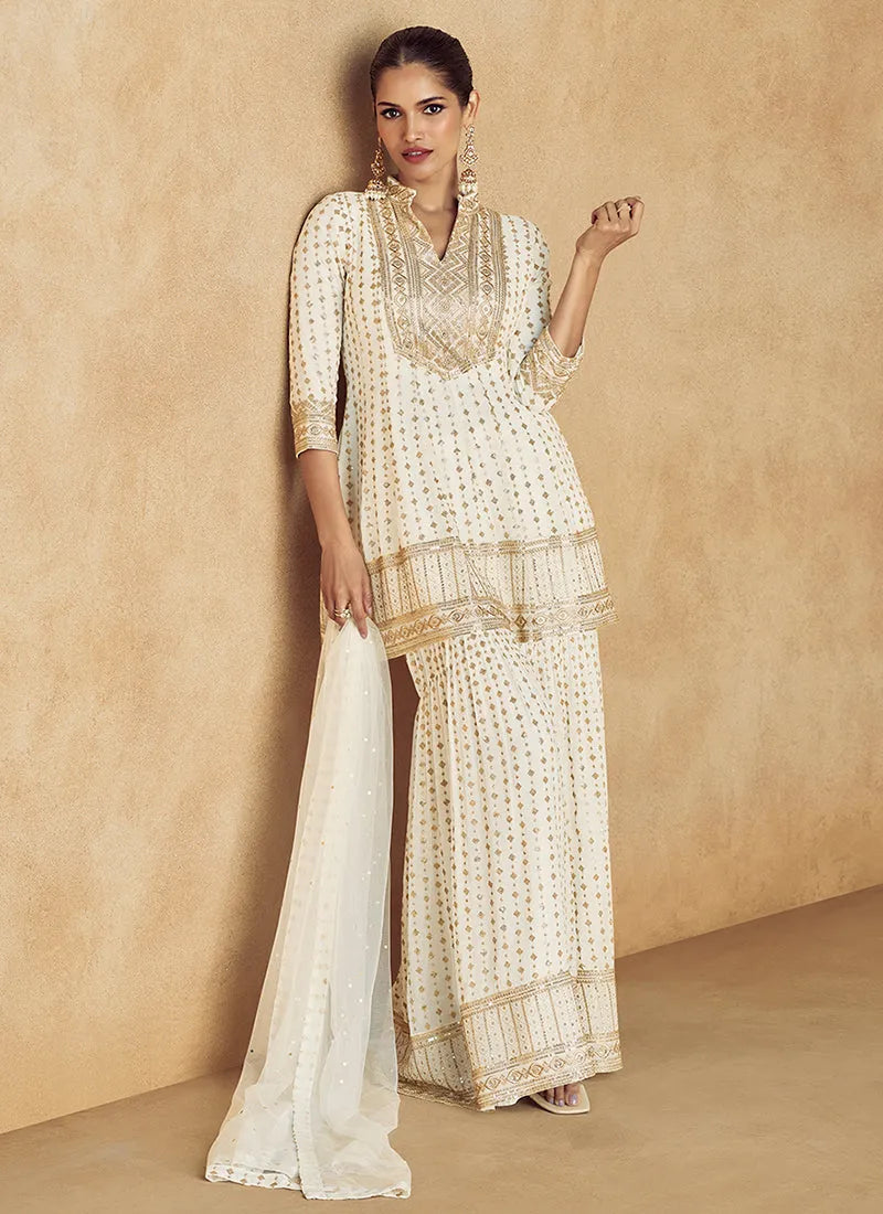 Superb Off-White Traditional Embroidered Sharara Suit Clearance Extremely