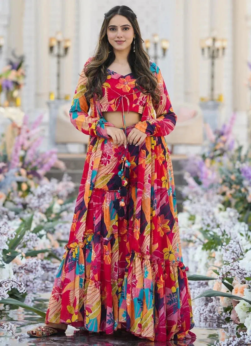 Multicolored Heavy Chinon Floral Printed Jacket Style Sharara Set Cheap Extremely