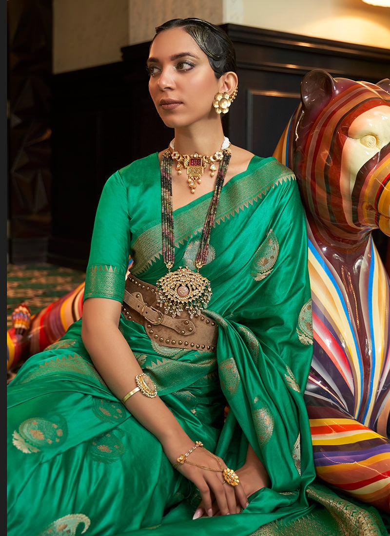 Classic Wear Silk Weave Green Saree Official Sale Online