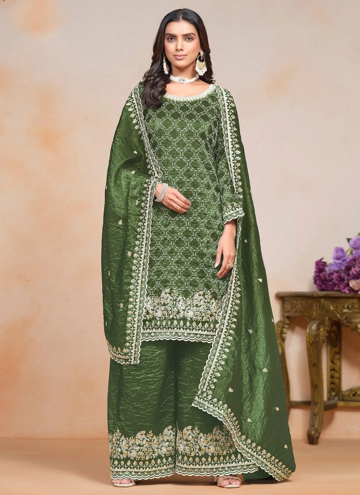 Outstanding Olive Crush Embroidered Work Palazzo Suit Buy Cheap Buy