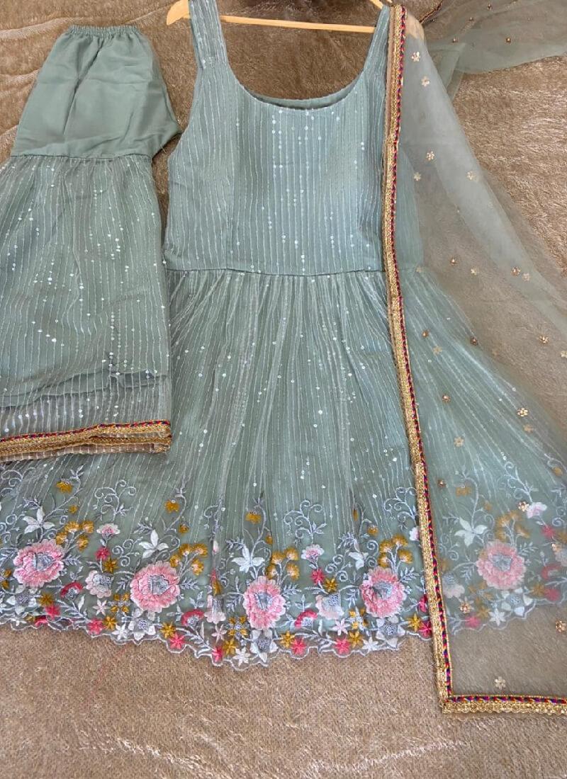 Attractive Look Sky Blue Color Soft Net Base Sequins Work Designer Sharara Suit With Credit Card Cheap Pice