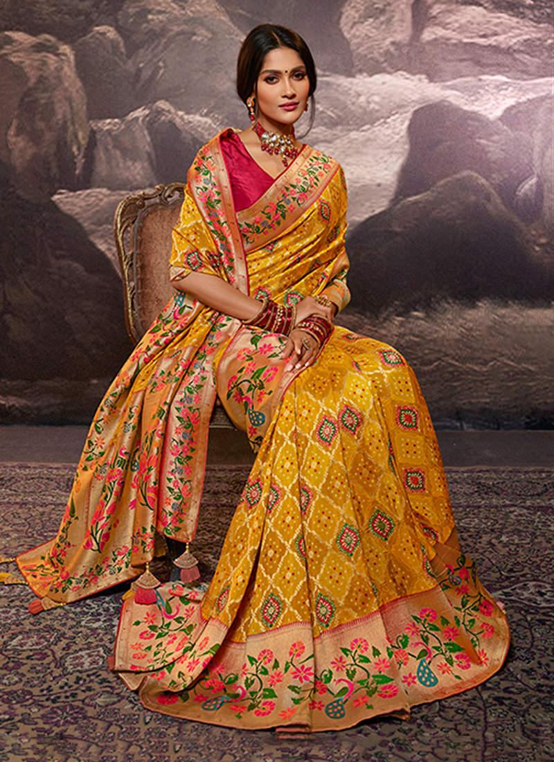 Yellow Color Dola Silk Weave Printed Saree Buy Cheap Fake